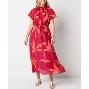 Liz Claiborne Zanzibar Resort Red Palm Maxi Dress Plus 3X NWT Tropical Pockets